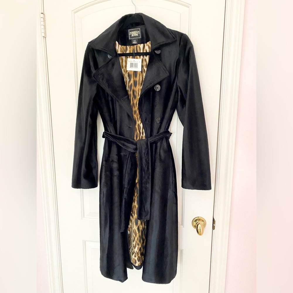 Guess Black Faux Fur Trench Coat With Leopard Lining- Women’s M